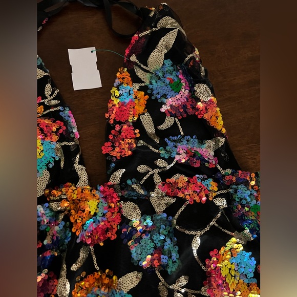 SOLD!!! Size Small Sequin Floral Colorful Dress Halter Top Black Shiny - Picture 6 of 12